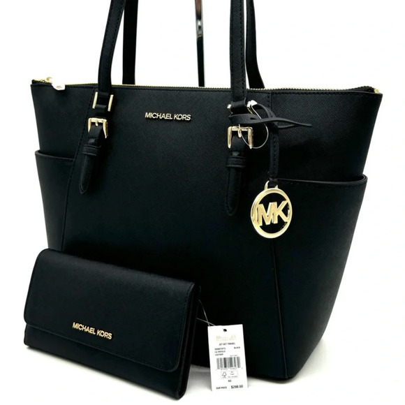 Michael Kors Large Charlotte TZ Tote Bag & Large Trifold Wallet Black/Gold - Picture 1 of 14